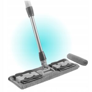 Mop płaski do mycia podłogi – szary, obrotowy kij + nakładka